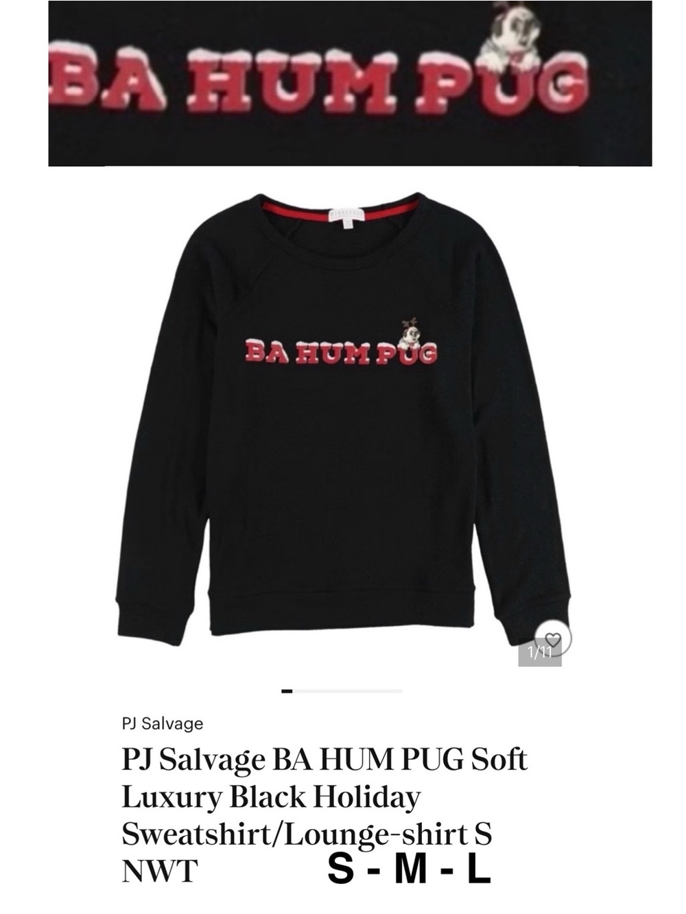 PJ Salvage Black Crewneck 'BA HUM PUG' Graphic Sweatshirt Small Medium Large NWT